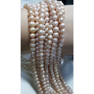 ไข่มุกแท้น้ำจืด DIYร้อยด้าย ขนาด7-8mm ชมพูอ่อนธรรมชาติ ทรงกึ่งกลม ผิวAA ยาว14นิ้ว
