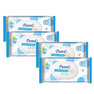 Pureen Baby Wipes กระดาษเปียกพิวรีน รุ่น Pure &amp; Mild ขนาด 80 แผ่น (4 แพ็ค รวม 320 แผ่น)มี4แพ๊ค,6แพ๊ค