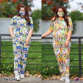 Set #BigSize เสื้อแขนสั้น+กางเกงขายาว+ที่ปิดปาก ผ้าลายการ์ตูน TW12540