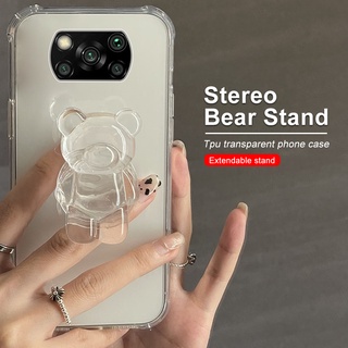 3D Cartoon Bear Transparent Case For Xiaomi Poco X3 Pro Pocco M4 X4 NFC M3 F3 M4 Holder Stand Soft Protect Cover Couqe