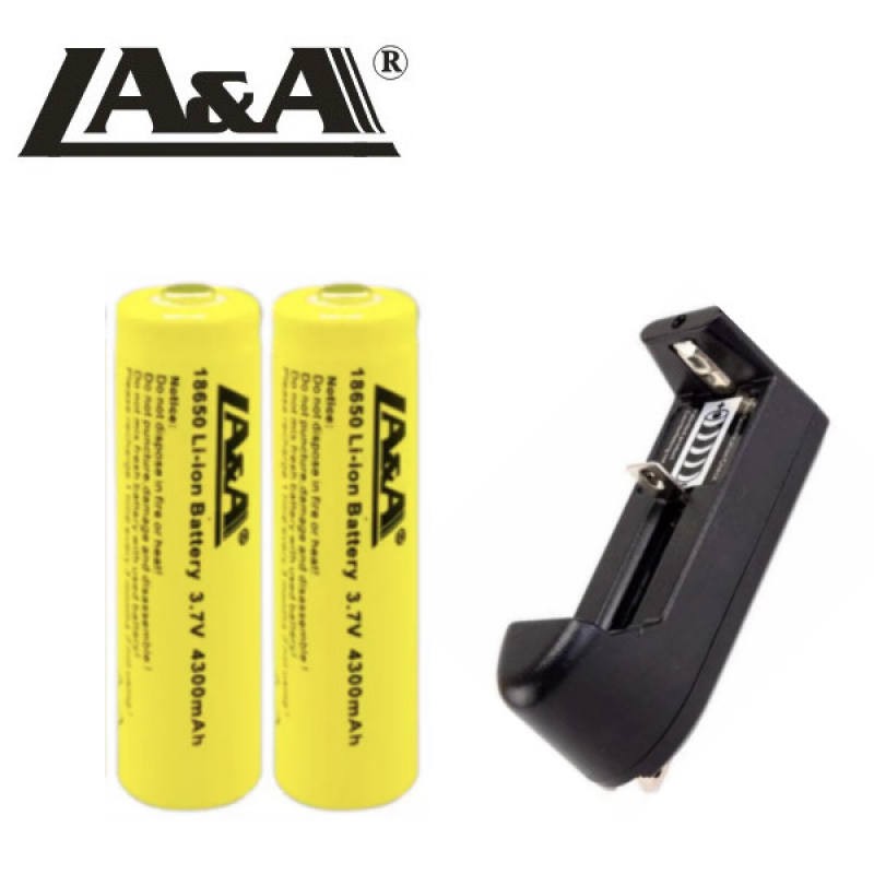 LA&A ถ่านชาร์จรุ่น18650 แบตเตอรี่ ถ่านชาร์จคุณภาพสูง ขนาด3.7V 4300mAh Li-ion แพ็คละ 2ก้อน+เครื่องชาร์จ.