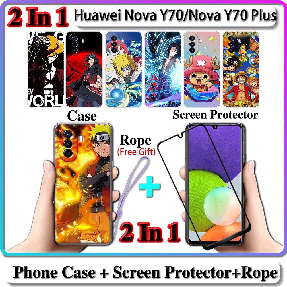 2 IN 1 เคส Huawei Nova Y70 Nova Y70 Plus เคส พร้อมกระจกนิรภัยโค้ง เซรามิค ป้องกันหน้าจอ นารูโตะ และการออกแบบ One Piece