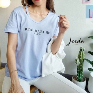 NJ เสื้อยืดสกรีน ดีเทลผ่าคอเสื้อ พร้อมส่งสีขาว,ดำ!!