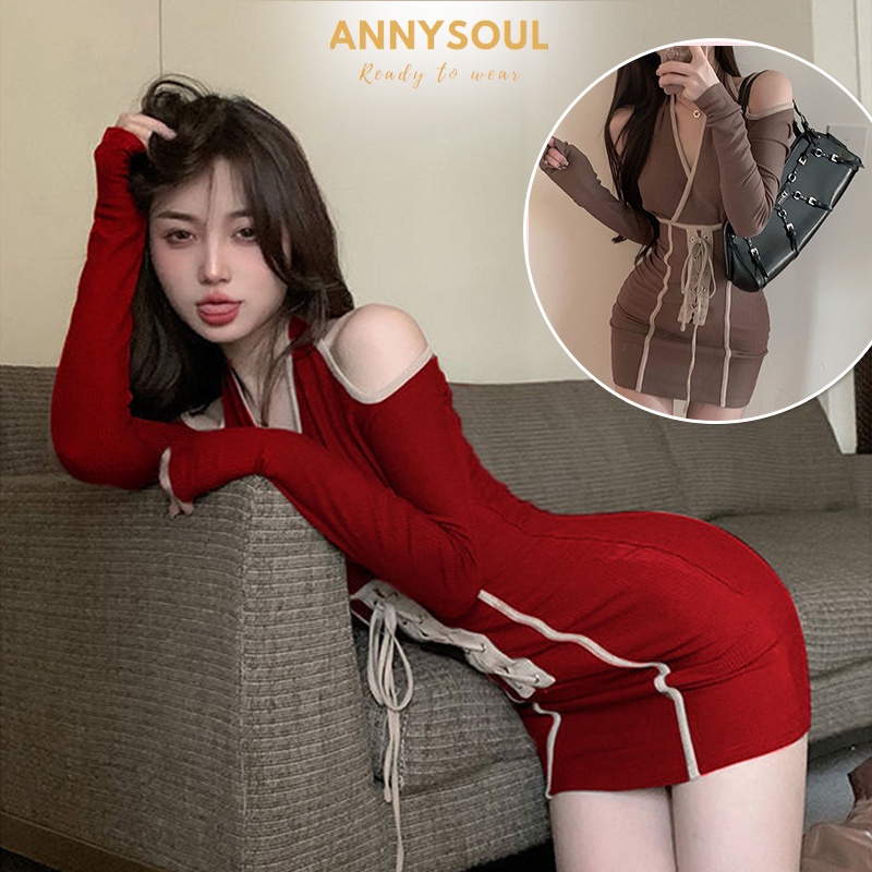 โชว์ไหล่เบา ชุดเดรสกระโปรงสั้น ชุดเดรสกระโปรงสั้นเเขนยาวเว้าไหล่สวยๆ เดรสมินิเเขนยาว ราคาถูกพร้อมส่ง