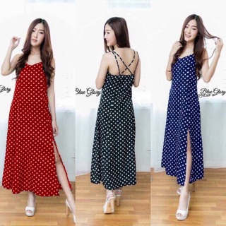 TwinsShopVip💗พร้อมส่ง TW0983 เดรสลายจุดสายไขว้ crossed polka dot dress