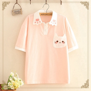 [พร้อมส่ง] เสื้อแขนสั้น แต่งปกคอ ปักลายแมว