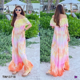 TW13718 Maxi Dress เดรสยาว เปิดไหล่ ใส่ได้สองแบบเลยเป็นเกาะก็ได้หรือเปิดไหล่ก็ได้ ผ้าสปันลายมัดย้อม