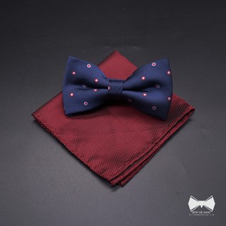 เซ็ทหูกระต่ายสีน้ำเงินลายจุด + ผ้าเช็ดหน้าสูทวูล-Blue Bowtie + Wool Pocket square