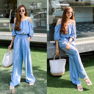 👚👖H5-241 - SKY BLUE Set 2 ชิ้น เสื้อสายเดี่ยวเปิดไหล่ มากับกางเกงขายาว เอวสม็อก มีกระเป๋า2ข้าง เนื้อผ้าสปัน ไม่บาง ใส่สบ