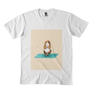 เสื้อคนอ้วนผญ เสื้อสีขาว เสื้อยืด พิมพ์ลายต้นไม้ โยคะ หนูตะเภา Yoguineas DMN99 สีดํา เสื้อคู่วินเทจ
