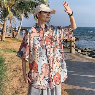 🌼🌼เสื้อลายดอกสงกรานต์ เสื้อเล่นสงกรานต์ ✿✈▨เสื้อฮาวาย เสื้อฮาวายชายหาดชายแขนสั้นหลวมขนาดใหญ่ออกแบบโพรงน้ำแข็งผ้าไหมดอก