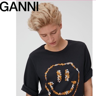 Ganni เสื้อยืดลําลอง แขนสั้น คอกลม พิมพ์ลายดอกไม้ หน้ายิ้ม สําหรับผู้หญิง