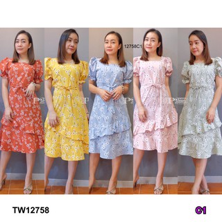 J12758  Dress เดรสคอเหลี่ยมแขนตุ๊กตาปักดอกไม้