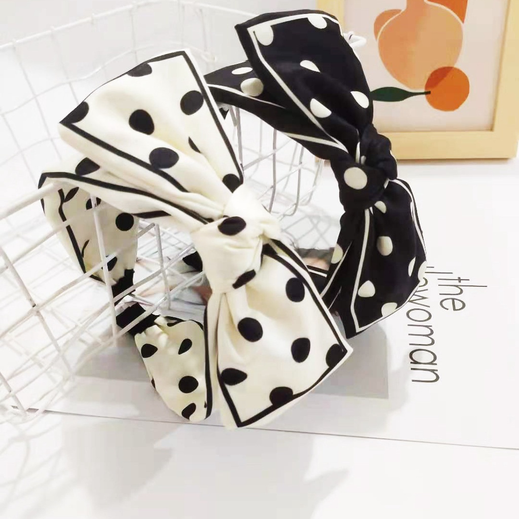 South Korea's new silk wave point contrast hairband with bow knot, wide edge, solid color, pressure hair net for women, Korean jewelry accessories