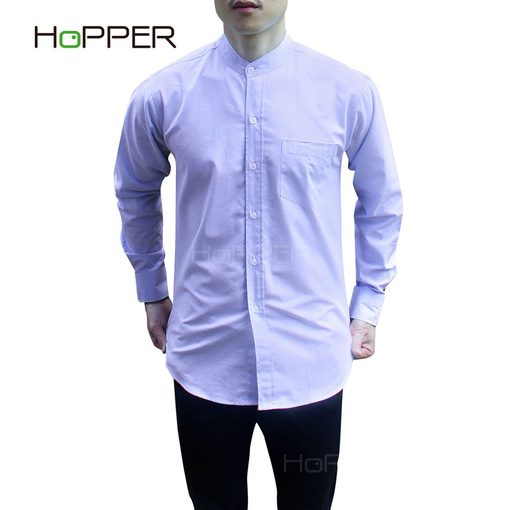 เสื้อเชิ้ตแขนยาวคอจีนผ้า Oxford สีฟ้า by Hopper Shop