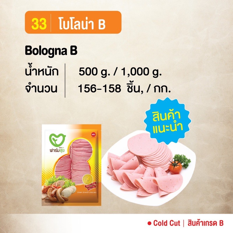 โบโลน่าB ชิ้นบาง 0.2 มม.(Bologna B) (ฮาลาล) ฟาร์มสุข ขนาด 1 กก. (156-158 ชิ้น)