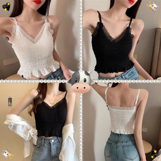 Cicishop(H266)สายเดี่ยวคอวี สม้อคทั้งตัว มีผ้าลูกไม้​เสริมขึ้นมาให้ดูน่าใส่ มีฟองน้ำให้ใส่และสายปรับได้