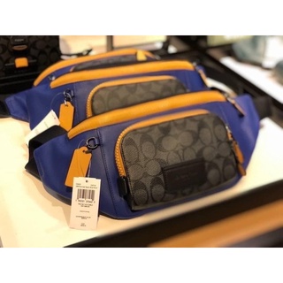 (ผ่อน0%) TRACK BELT BAG IN COLORBLOCK SIGNATURE CANVAS (COACH C6652) กระเป๋าคาดอก คาดเอว หนังแท้ สีน้ำเงิน