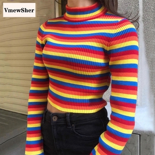 Vmewsher เสื้อกันหนาว จัมเปอร์ แขนยาว ผ้าถัก คอเต่า ลายทาง สีรุ้ง เซ็กซี่ สีสันสดใส สําหรับผู้หญิง