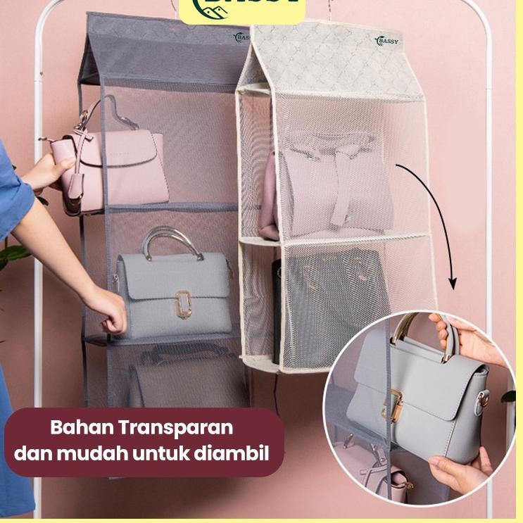 GANTUNGAN OK ราคา.. Bassy Hanger Bag Rack Anti-Dust Stacking Bag Storage Transparent Mica Bag HDK306