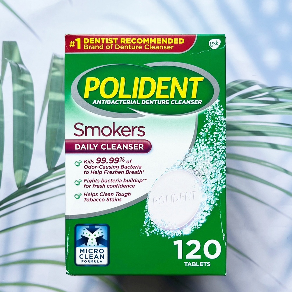(POLIDENT®) Smokers Antibacterial Denture Cleanser 120 Tablets โพลิเดนท์ เม็ดฟู่ทำความสะอาดฟันปลอม สำหรับผู้ที่สูบยาสูบ