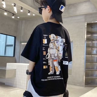 Akaki🌼ชายเสื้อยืดฤดูร้อน 2022 ใหม่สไตล์ต่างประเทศฤดูร้อนเด็กสไตล์ฮ่องกงผ้าฝ้ายแขนสั้นขนาดกลางและขนาดใหญ่เสื้อผ้าเด็กอิน