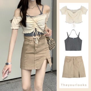 Theyourlooks ♡ Beige puff and mini skirt set เซ็ตเสื้อครอป สายเดี่ยว กระโปรงสั้นผ่าข้าง