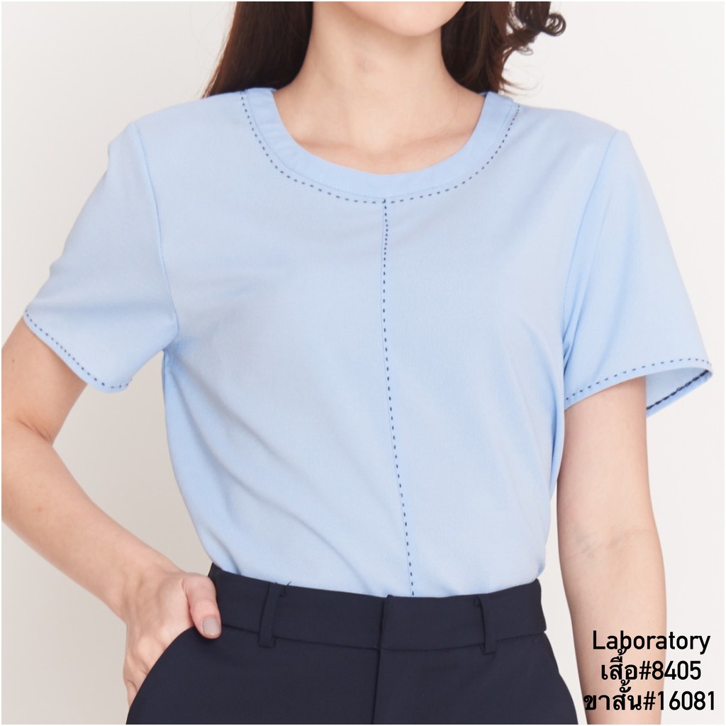 [Easy E-Receipt] *Laboratory* 8405 สีพื้นเสื้อคอกลมแต่งดีเทลเดินเส้น มีซิปหลัง
