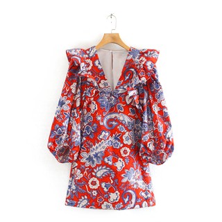 Red floral dress เดรส ลายดอก สีแดง