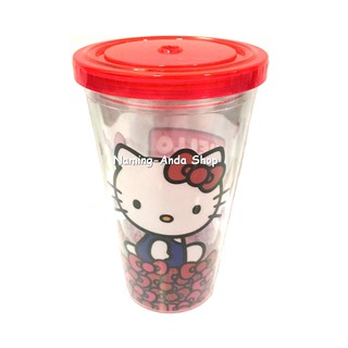 แก้วน้ำพลาสติก PP 2 ชั้น Hello Kitty พร้อมหลอด