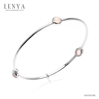 Lenya Jewelry กำไลข้อมือเงินแท้ 925 ดีไซน์เรียบเก๋ ชุบทองขาว ประดับพลอยสีชมพู โรสควอตซ์ (Rose Quartz)