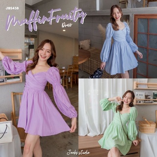 Joobs Studio🥝Muffin Fruity Dress🎉Sz.M💚เขียวเลม่อน,ม่วง💜มินิเดรสแขนยาวแขนแต่งจั๊มพอง