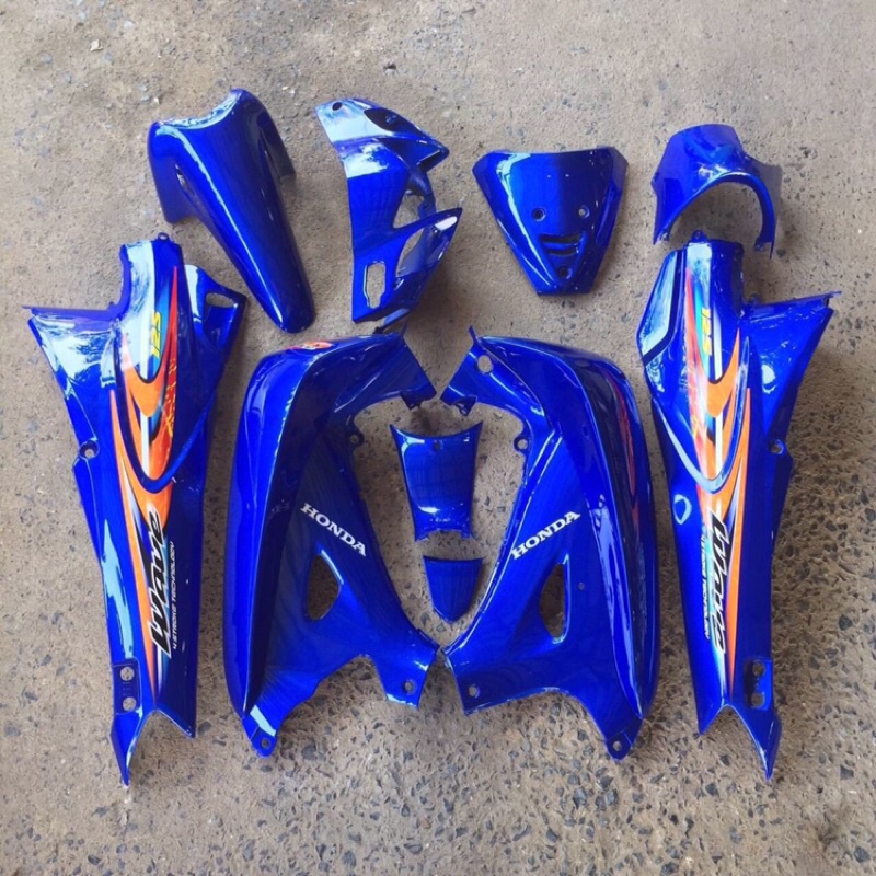 ชุดสีเวฟ125R น้ำเงิน + อกไก่ พร้อมติดลาย 03 เคลือบเงาแท้ หน้ากากหน้าแหลม ( รูกุญแจกลม ) wave125R 12 ชิ้น (ABSเกรดดี)