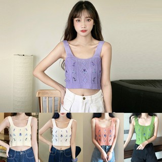 Korean🧧 เสื้อไหมพรมแฟชั่น สายเดี่ยวใหญ่ 5 สี ปักลายดอกไม้