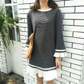 เสื้อสไตล์เกาหลี เดรสไหมพรม ระบายชาย ถ่ายจากสินค้าจริง