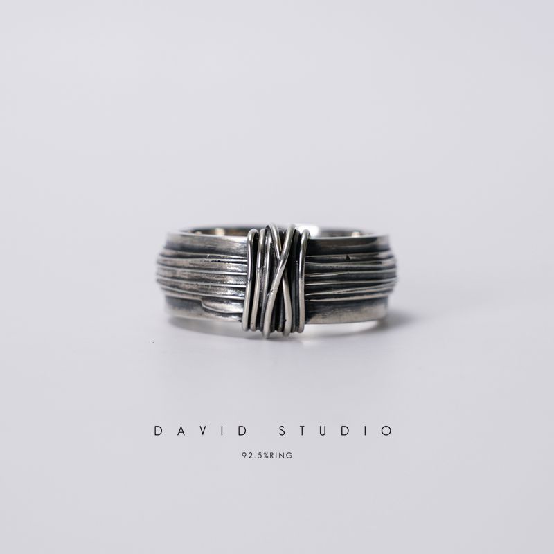 S925 เงินไทย Retro แหวน Hand-Bundled Brushed Wide Ring เงินไทยเปิดแหวน Sportsman ของขวัญวันเกิด