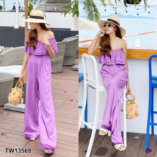 TW13569 Jumpsuit จั๊มสูทขายาว อกระบาย 2 ชั้น ดึงยางสม็อก เอวสม็อก มีกระเป๋า 2 ข้าง เนื้อผ้าสปันนิ่มพริ้ว