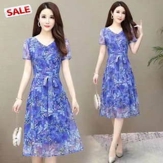 tdg Women Fashion Classic Floral  Short-sleeved  Dress V-neck Mid-waist Pullover Drawstring Decoration Casual Mid-length