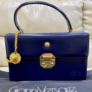 AUTH GIANNI VERSACE BLUE LEATHER VANITY HAND BAG NO KEY EY031