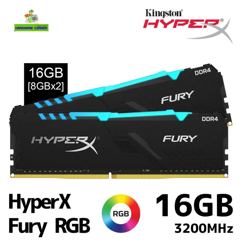 16GB (8GBx2) DDR4/3200 RAM PC (แรมพีซี) KINGSTON HyperX FURY RGB (KF432C16BBAK2/16)