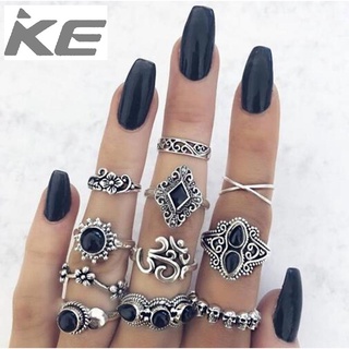 Vintage Womens Flower Rings 11-Piece Set of Hollow Carved Black Gemstone  Rings for girls for