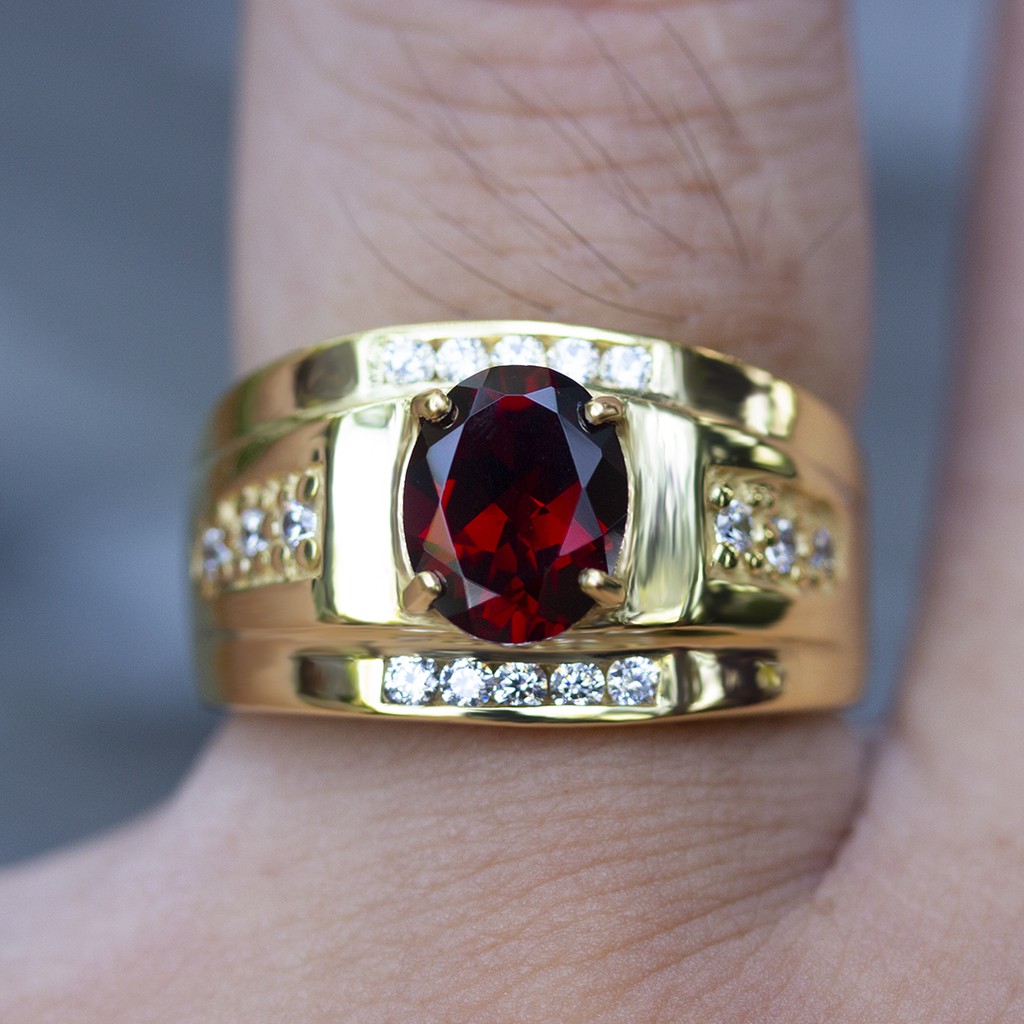 แหวนพลอยโกเมนจันทบุรี (Garnet) เรือนเงินแท้92.5%ชุบทองคำ 24K สไตส์โบราณ พลอยสีแดงอมน้ำตาล เนื้อใส ไซส์นิ้ว 60 เบอร์ 9 US