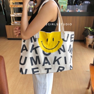 Canvas Bag Print Smiley Face Tote Bag กระเป๋าผ้าแคนวาสขนาดใหญ่ สะพายไหล่ พร้อมส่ง