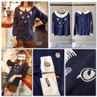 440.- ส่งฟรี🍒 :::navy blue kitty face embroidery blouse:::