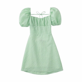 [𝗣𝗥𝗘-𝗢𝗥𝗗𝗘𝗥]🌳Green scott dress เดรสกระโปรงเปิดหลังคอเหลี่ยมแขนจั๊ม