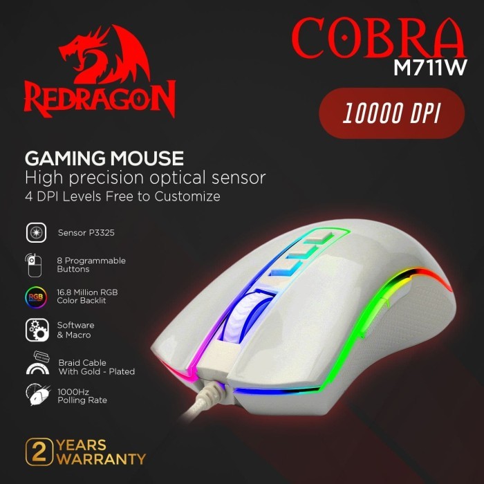 Redragon Gaming Mouse RGB COBRA WHITE - M711W