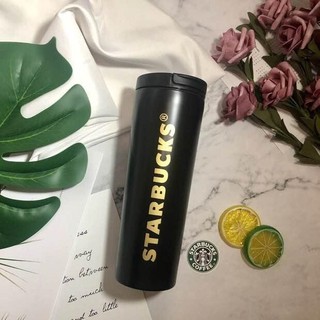 Starbucks Thermos Tumbler &amp; Stainless Cups Hot &amp; Cold W/Strap Black/Gold 473ml.