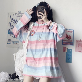 ☏❈KKLIMISS1 เสื้อยืดสีรุ้ง ผ้าฝ้าย ลายทาง Oversize เสื้อแขนยาวแบบโอเวอร์ไซด์ เสื้อทรงหลวม