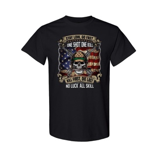 ราคาต่ำสุด!!เสื้อยืด พิมพ์ลายธงชาติอเมริกัน One Shot One Kill USA Armed Forces Never Give Up สําหรับผู้ชาย และผู้หญิงS-3