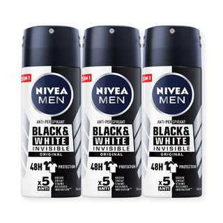 🔥ยอดนิยม!! นีเวีย เมน แบล็ค แอนด์ ไวท์ อินวิซิเบิ้ล สเปรย์ 50 มล. แพ็ค 3 กระป๋อง Nivea Men Black And White Spray 50 ml x